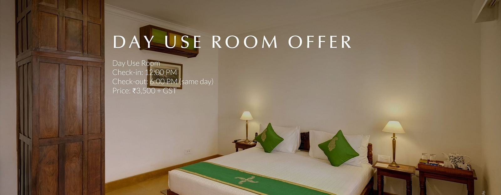 Day Use Room Offer at Saraca Hotel, Lucknow – a cosy, well-lit hotel room with a king size bed, green accent pillows, wooden furniture, bedside lamps, and in-room amenities. Offer includes check-in at 12:00 PM, check-out at 6:00 PM (same day), priced at ?3