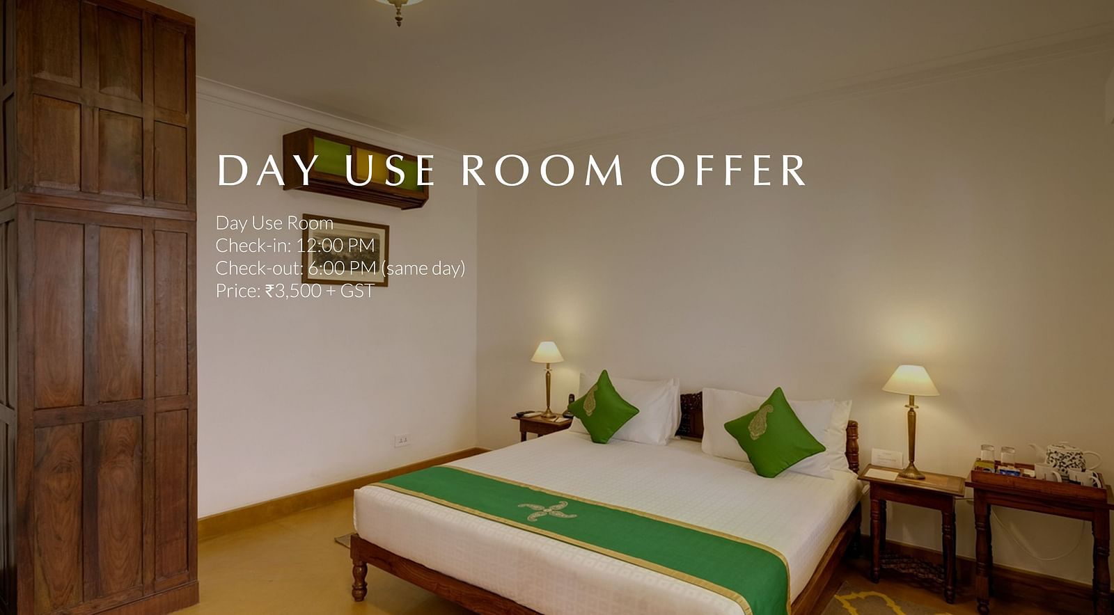 Day Use Room Offer at Saraca Hotel, Lucknow – a cosy, well-lit hotel room with a king size bed, green accent pillows, wooden furniture, bedside lamps, and in-room amenities. Offer includes check-in at 12:00 PM, check-out at 6:00 PM (same day), priced at ?3