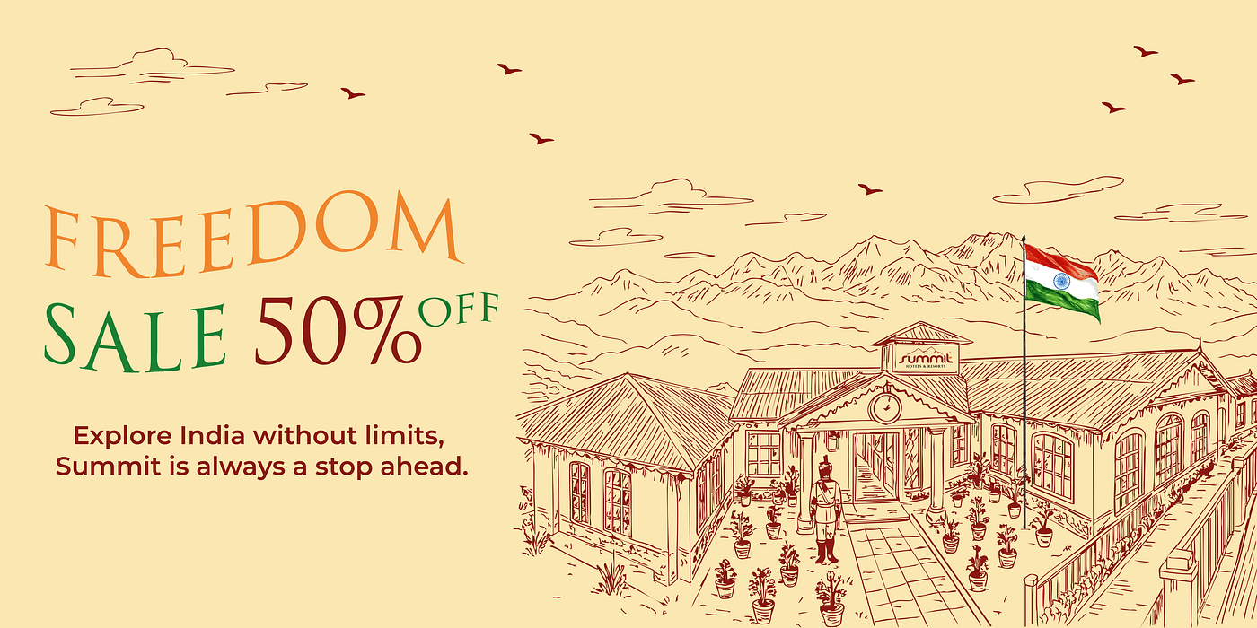 A hand-drawn illustration promoting Freedom Sale 50% Off at Summit Hotels . It features a hotel with the Indian flag and mountains in the background.