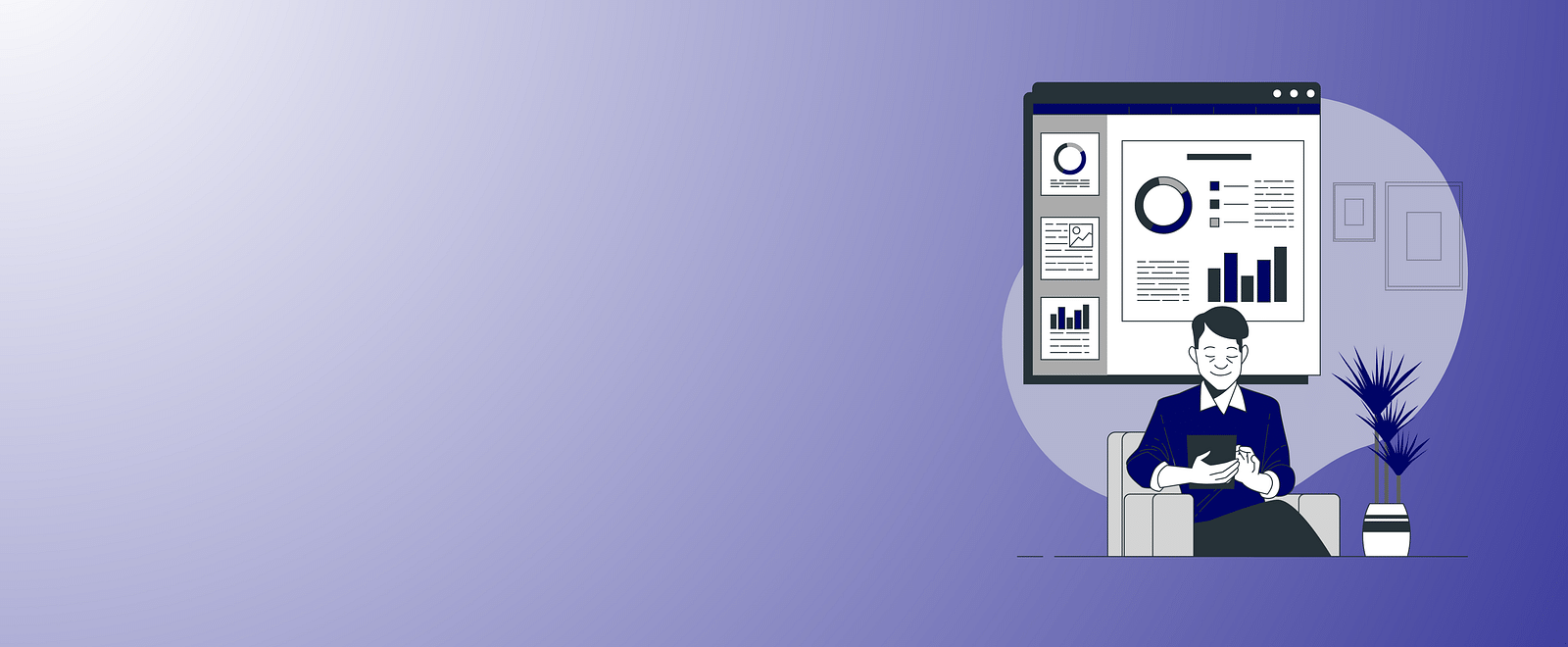 Illustration of a hotel dashboard analytics interface on a large screen.