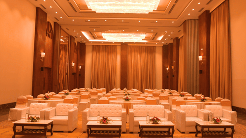 Elegant conference room with rows of chairs full view