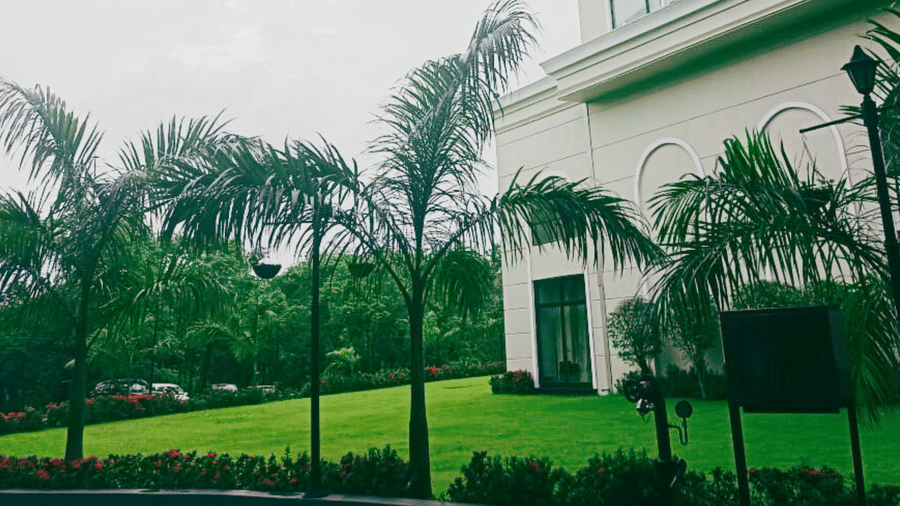 Landscaped garden at Polo Hotel, Agartala with row of foxtail palm trees, red flowerbeds, manicured lawn and arched white facade.