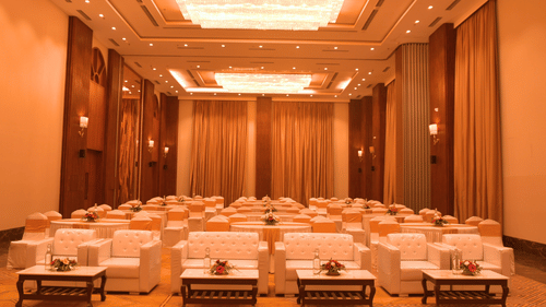 Elegant conference room with rows of chairs full view