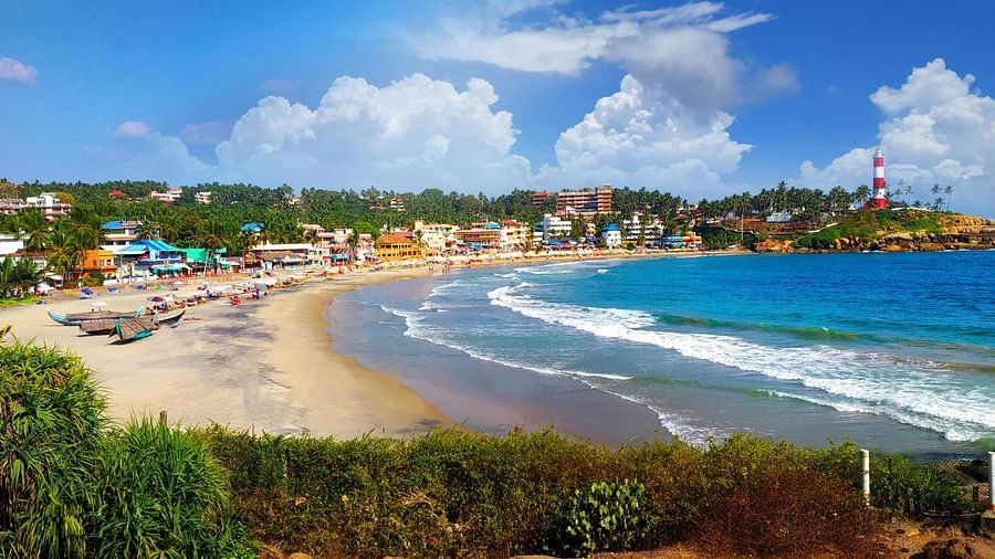 An image of a beach with a backdrop of residential areas and trees