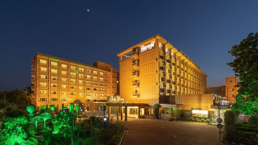 Facade of a building with multiple floors, captured during the night, with lights highlighting focus towards the leaves nearby.