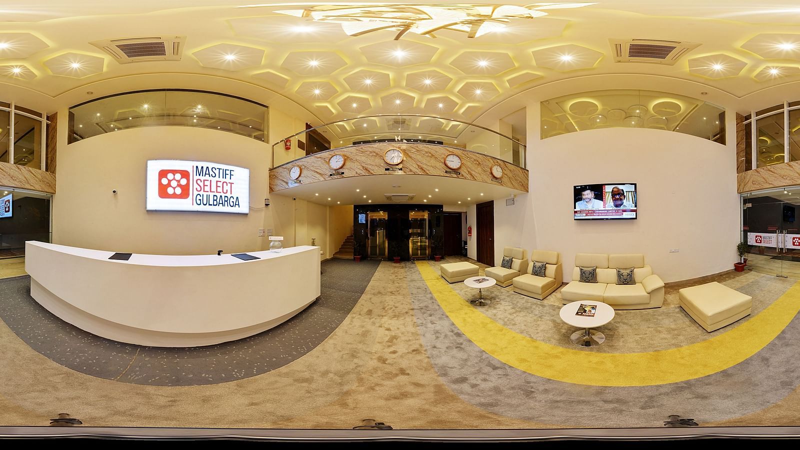 A panoramic view of the lobby at Mastiff Select, Kalaburagi