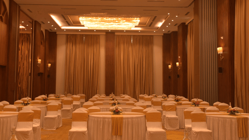 zoomed view of Elegant conference room with rows of chairs