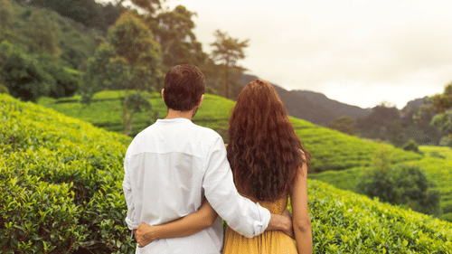 A couple enjoying their honeymoon amidst the green valleys.