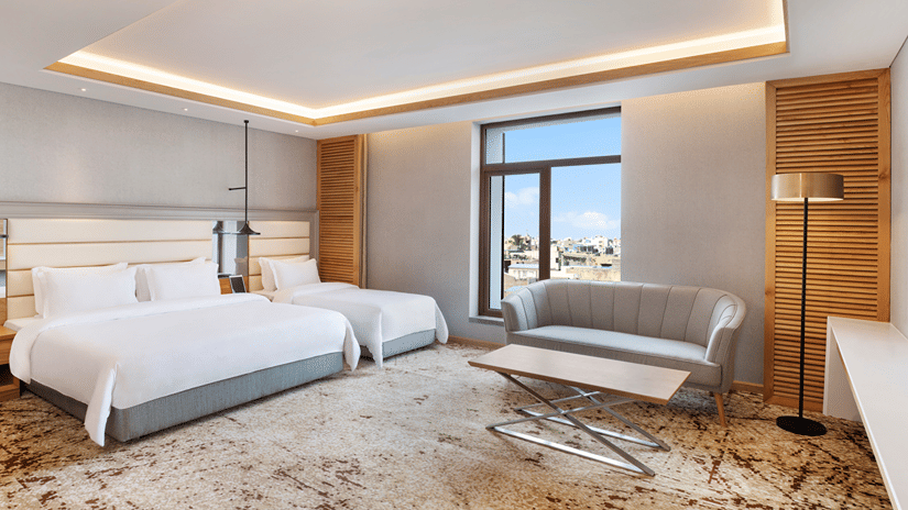 A suite room with a large bed, sheets, pillows, and a window with spaciously placed sofa.