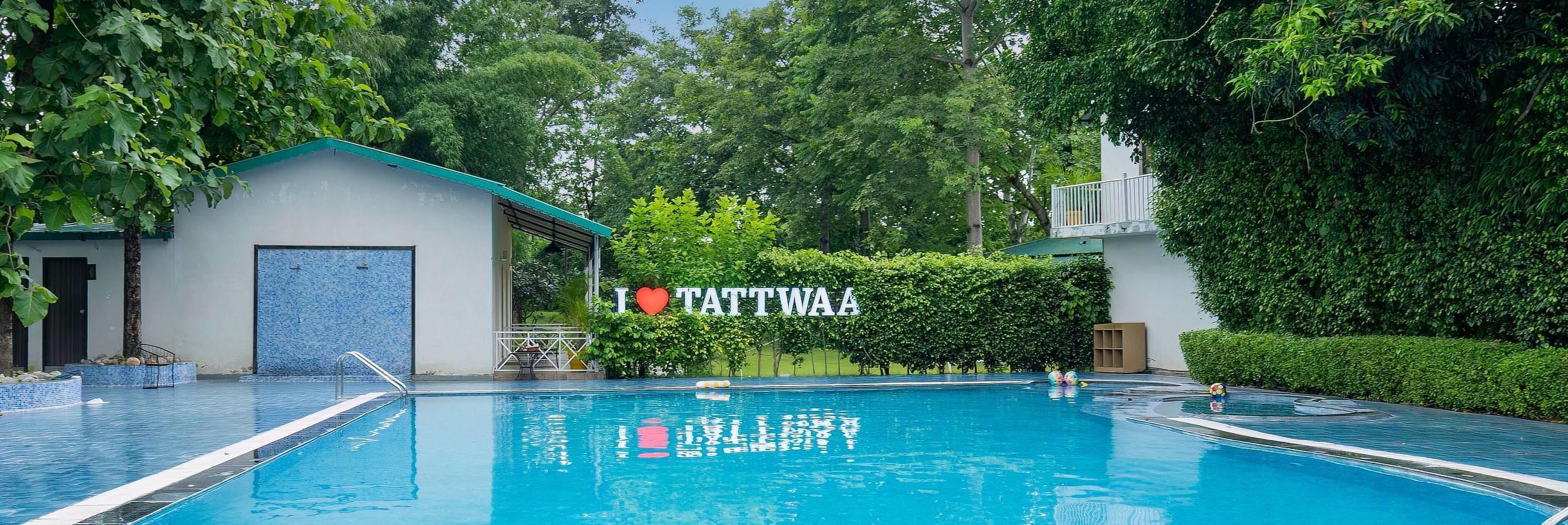 A wide-angle view of the swimming pool framed by lush trees at Tattwaa.