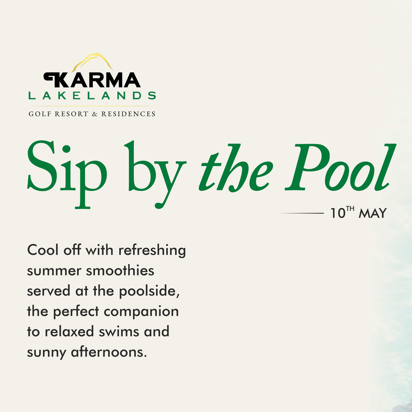 A promotional poster for Karma Lakelands displaying a child enjoying a drink in a swimming pool, with text promoting 'Sip by the Pool' and a relaxed leisure experience.