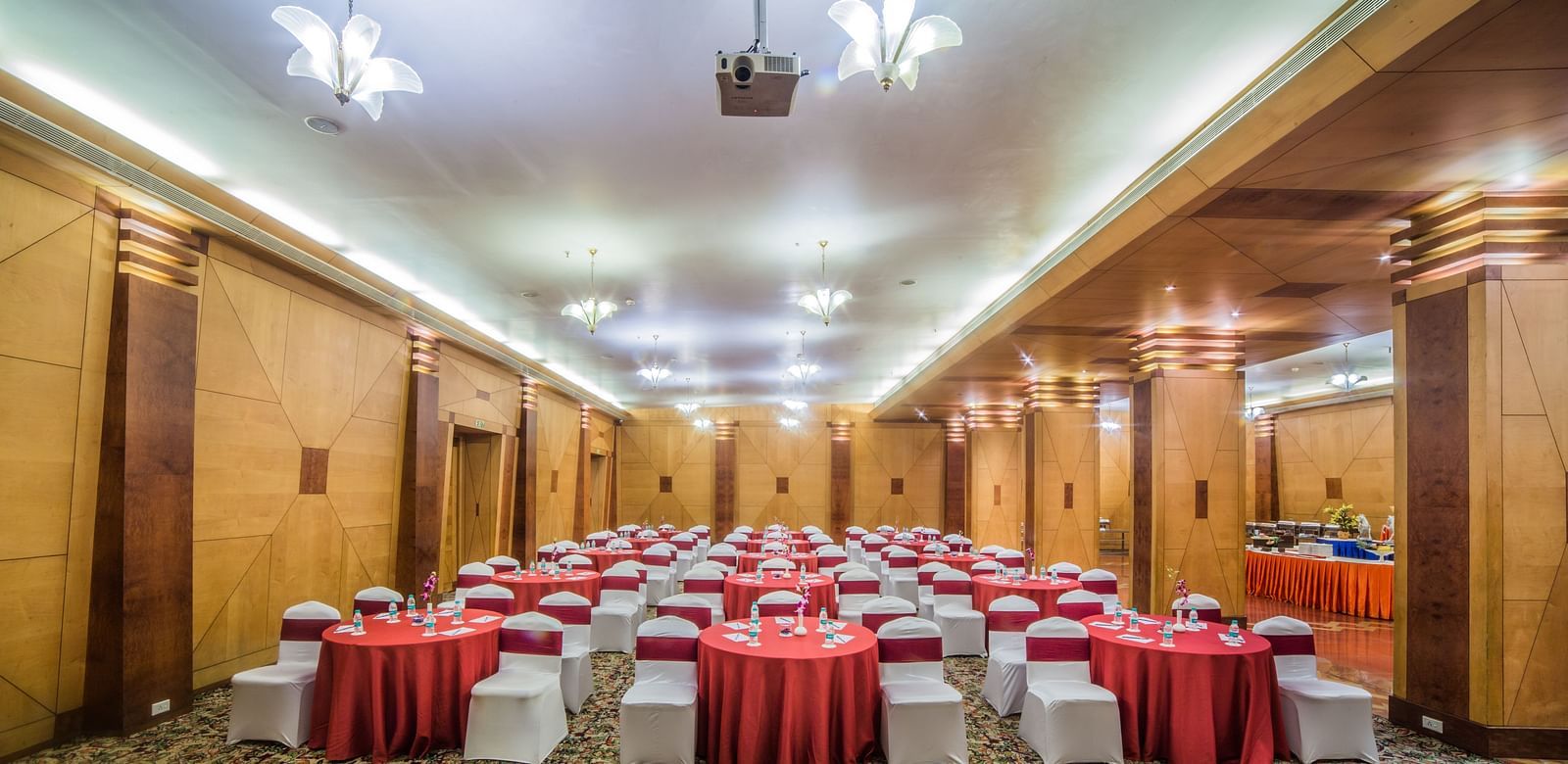 Seating arrangement in Mayfair Hall at Sitara Luxury Hotel in Hyderabad near Ramoji Film City.