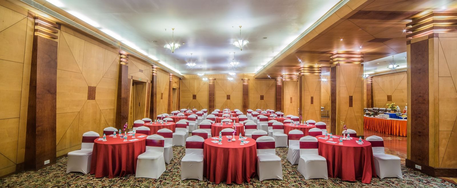 Seating arrangement in Mayfair Hall at Sitara Luxury Hotel in Hyderabad near Ramoji Film City.