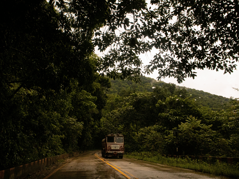 A truck travelling along a road through the Western Ghats, surrounded by dense trees and lush green canopies.