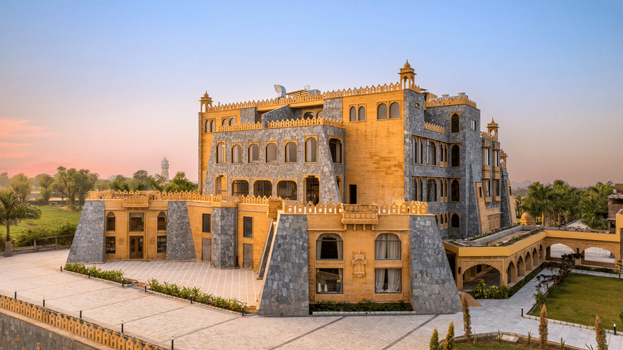 A side view of the multi-storey architecture of EsthereaRaj Leela, Ranakpur.