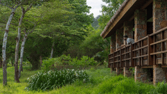 A person leaning out of balcony of Courtyard Superior Villas in Bandipur with greenery all around at The serai Bandipur