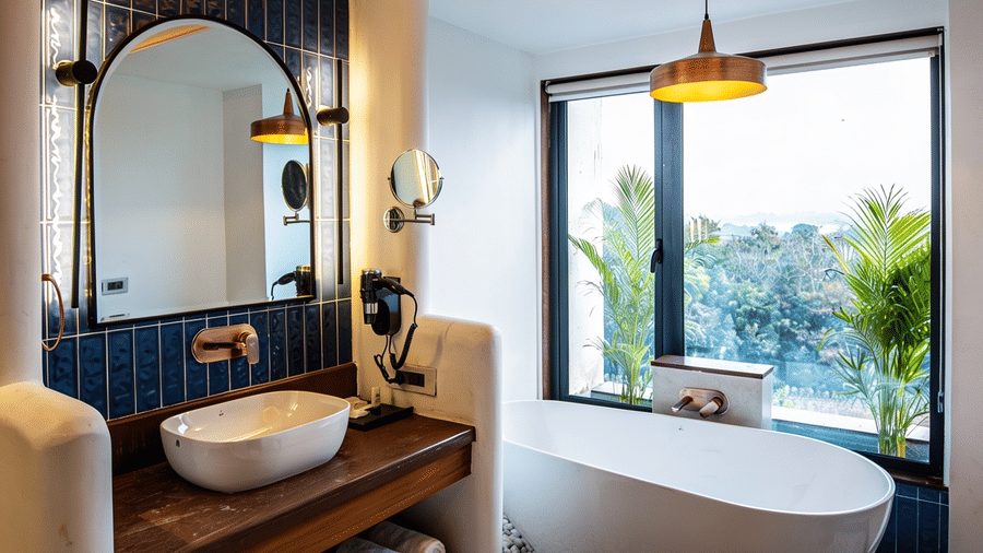 A bathroom featuring a standalone bathtub by a large window, a washbasin with an arched mirror, and a hanging light at The Sierra - By The Lake.
