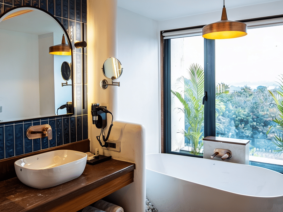 A bathroom featuring a standalone bathtub by a large window, a washbasin with an arched mirror, and a hanging light at The Sierra - By The Lake.