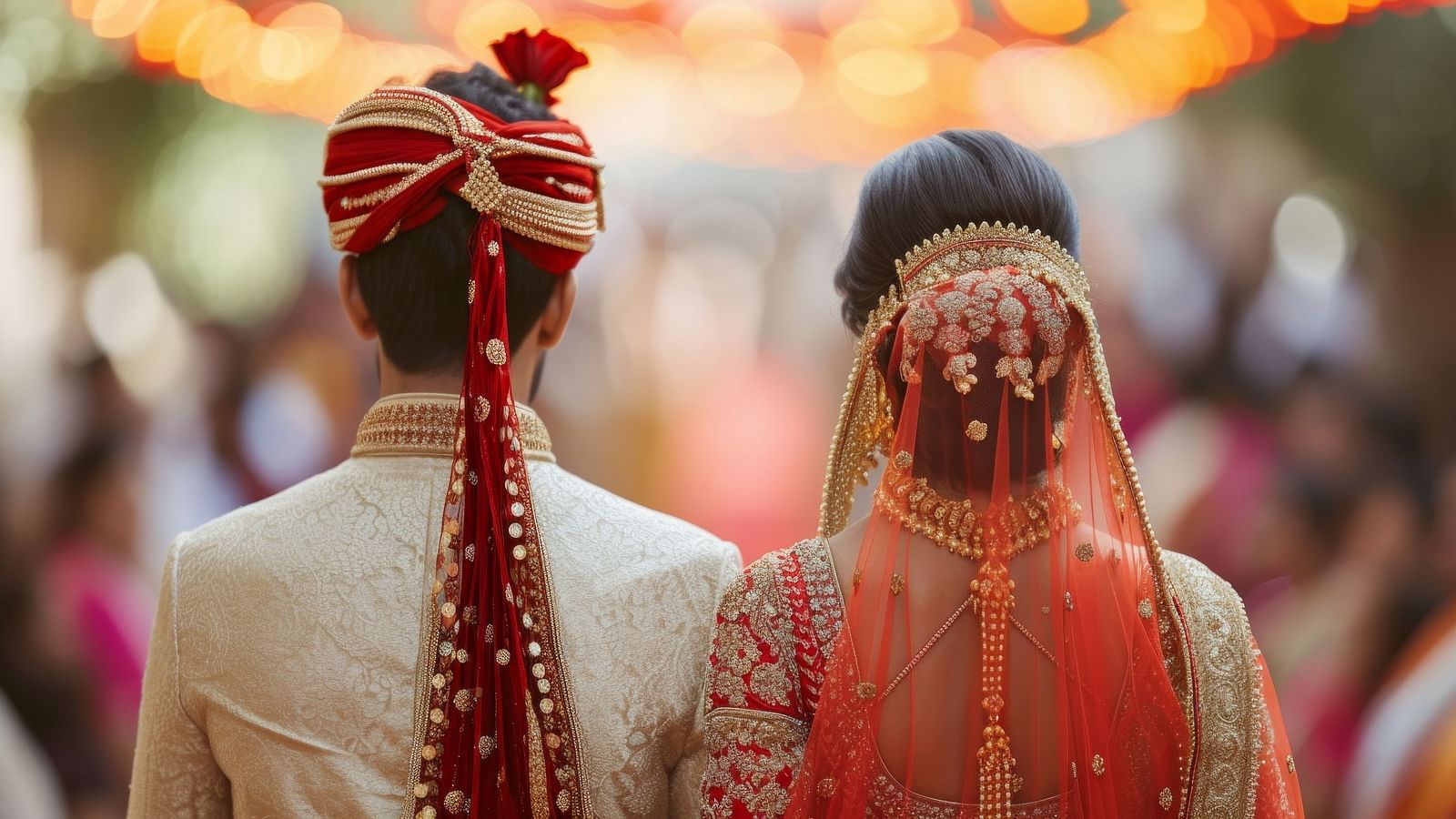 Bride and groom in traditional Indian attire, facing away, showing detailed clothing and cultural significance.
