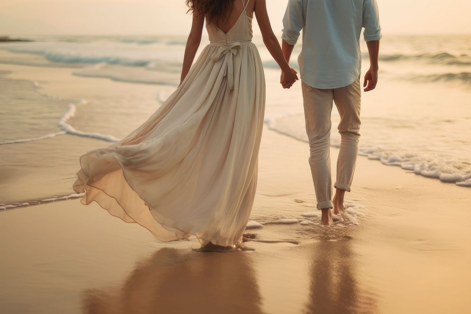 A couple in wedding attire strolls hand in hand along a serene beach, with waves gently lapping at the shore.