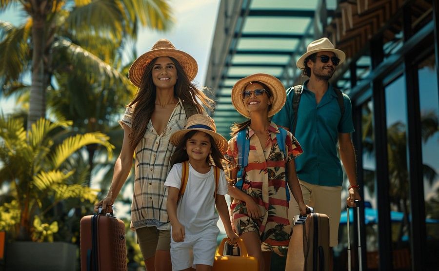 A family in beach outfits with luggage bags, wearing hats, stands in a tropical setting with a canopy of coconut trees. A building's side railing is visible in the background.