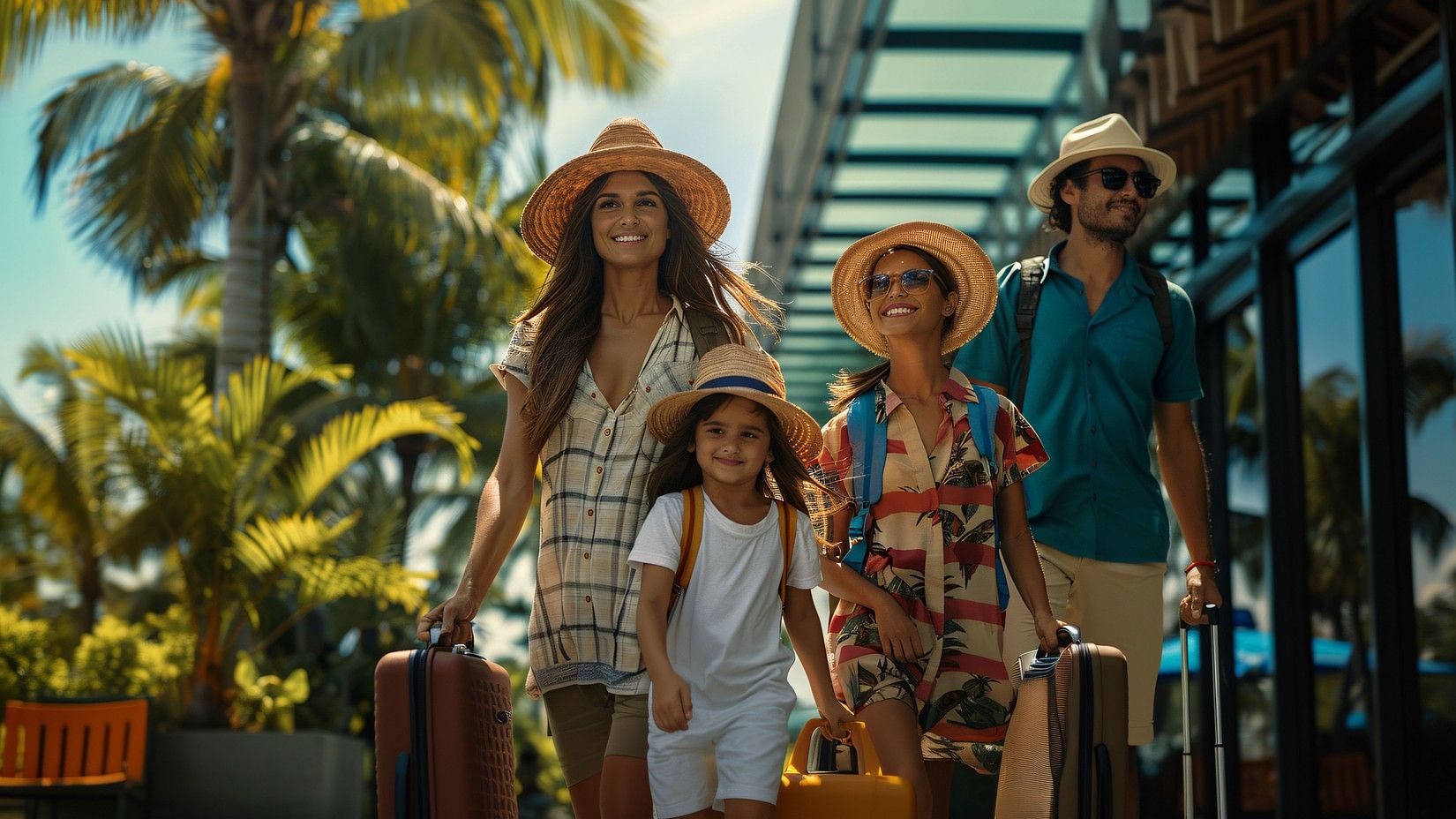 A family in beach outfits with luggage bags, wearing hats, stands in a tropical setting with a canopy of coconut trees. A building's side railing is visible in the background.