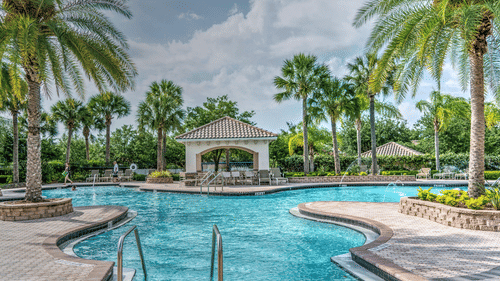 A view of the swimming pool surrounded by palm trees, set against a partly cloudy sky.
