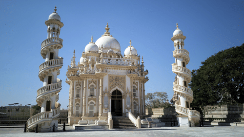 A far out view of Mahabat Maqbara in Junagadh with blue sky in the background