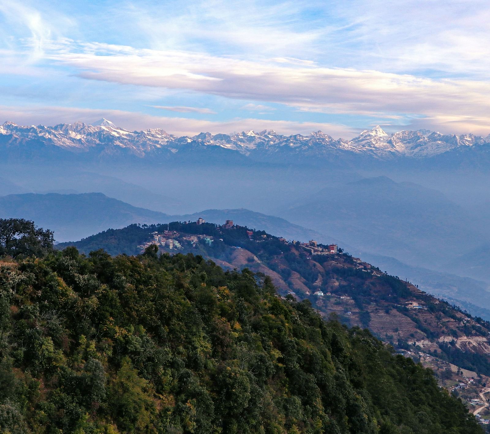 A view of the snow-capped mountains of the Himalayas from Nagarkot.