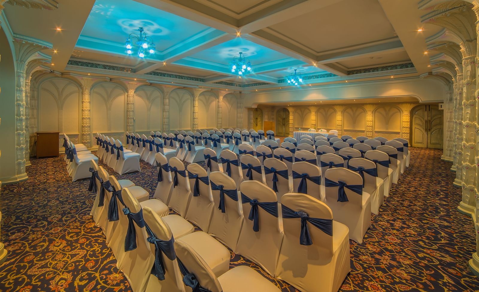 Seating arrangement in Samarkand Hall at Sitara Luxury Hotel in Hyderabad near Ramoji Film City.