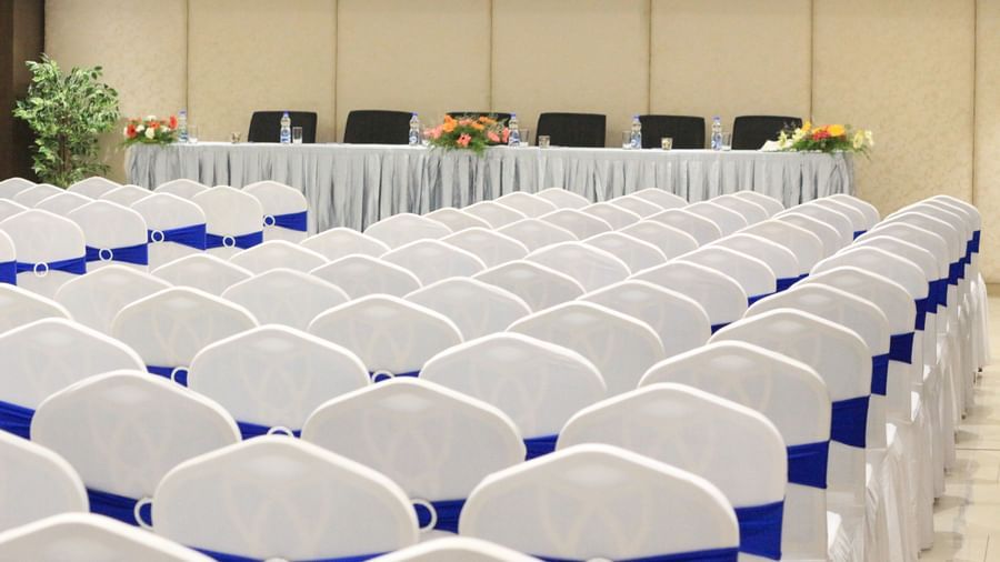 Back view of a theatre style seating arrangement in a banquet hall at The Hamuse Hotel, Kodaikanal