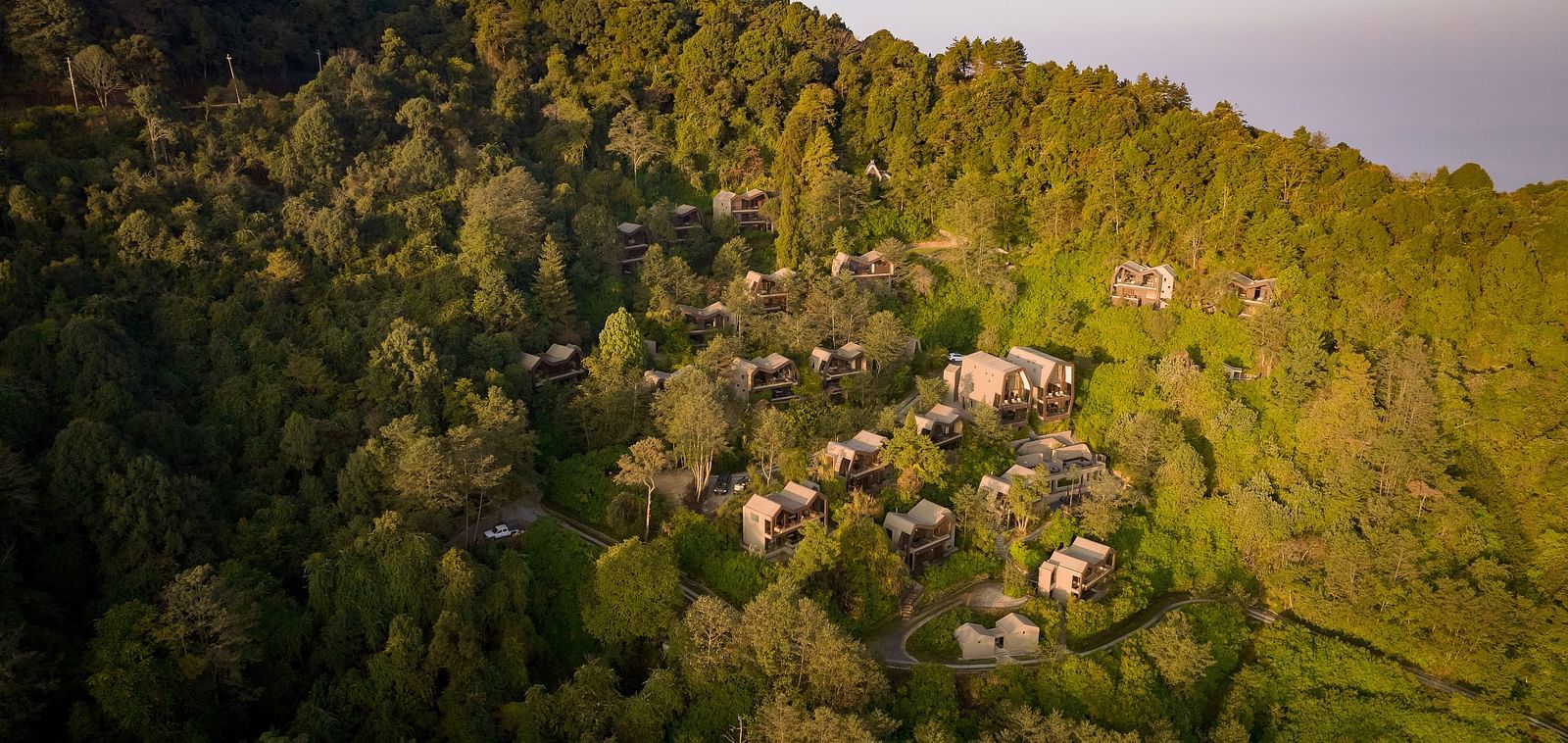 Aerial view of a resort seamlessly integrated into a lush, green forested hillside.