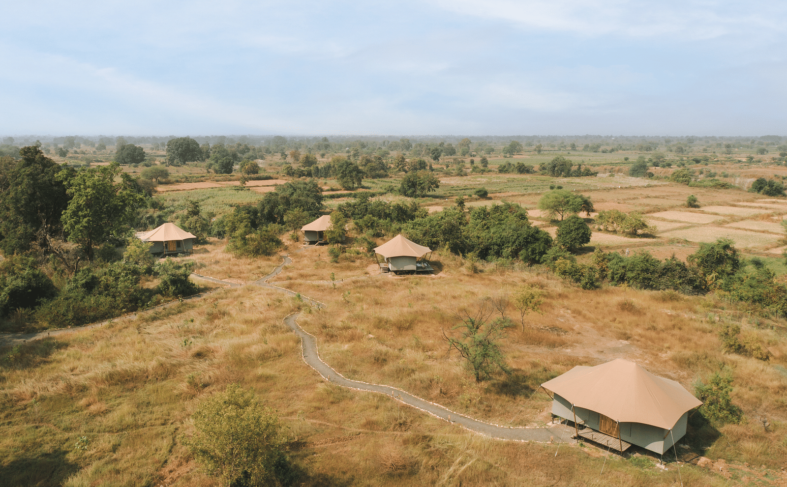 An aerial view of tents at Trees N Tigers, Tadoba.