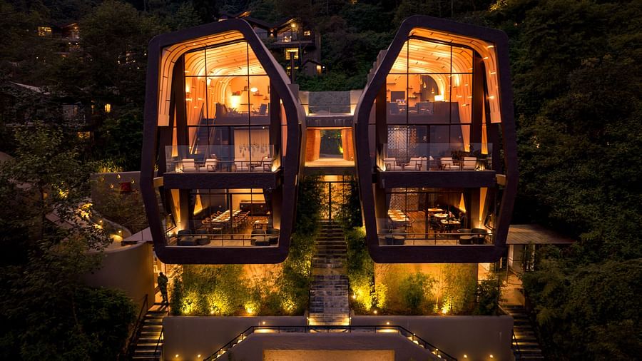 Front view of a well-lit, elegant facade  | Kavya Resort and Spa, Nagarkot