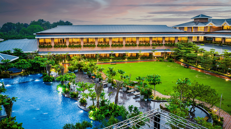 Aerial view of resort building and landscaped gardens at MAYFAIR Oasis Resort and Convention Jharsuguda