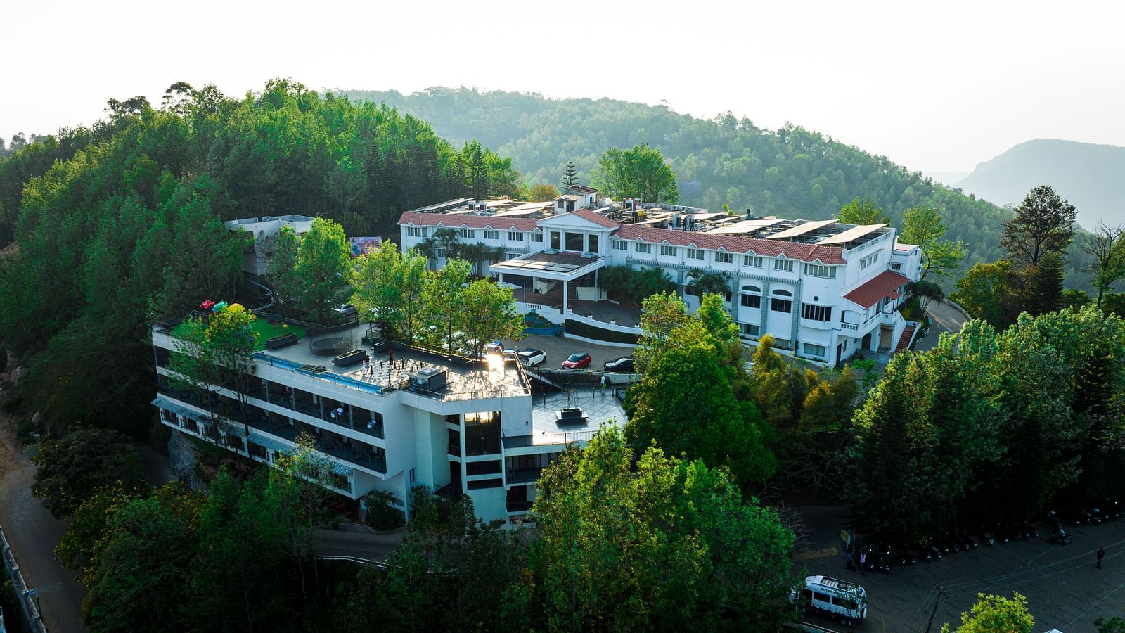 Drone view of the Facade of Grand Palace, Yercaud 