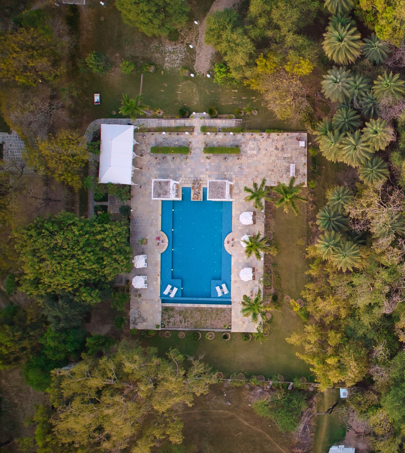 An aerial view of a rectangular pool adjacent to a building, surrounded by dense foliage and bordering a body of water- Shahpura Bagh.