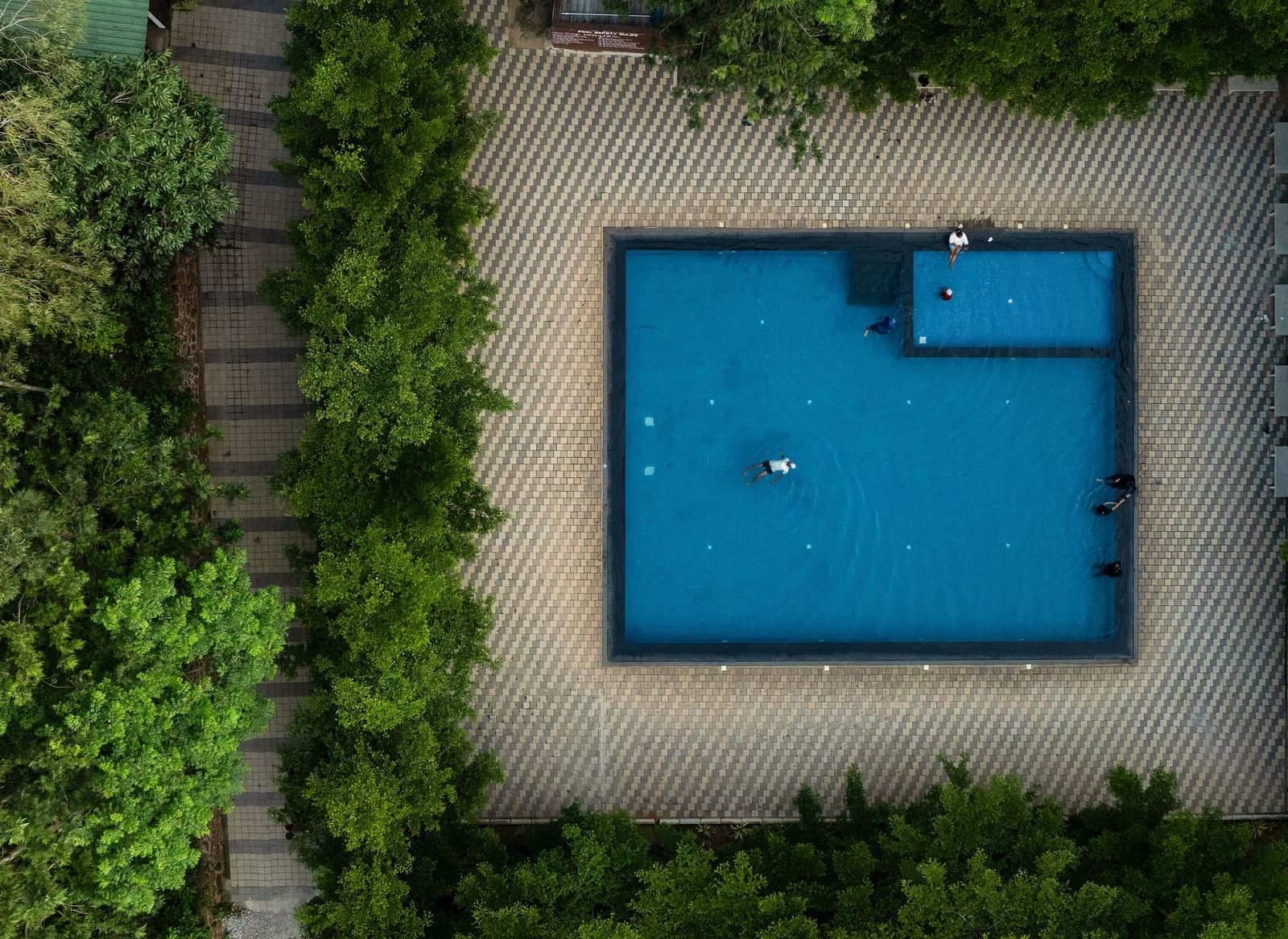An overhead perspective captures a bright blue swimming pool nestled amidst a vibrant green landscape, enclosed by thick vegetation | RD's Nature Retreat, Bangalore
