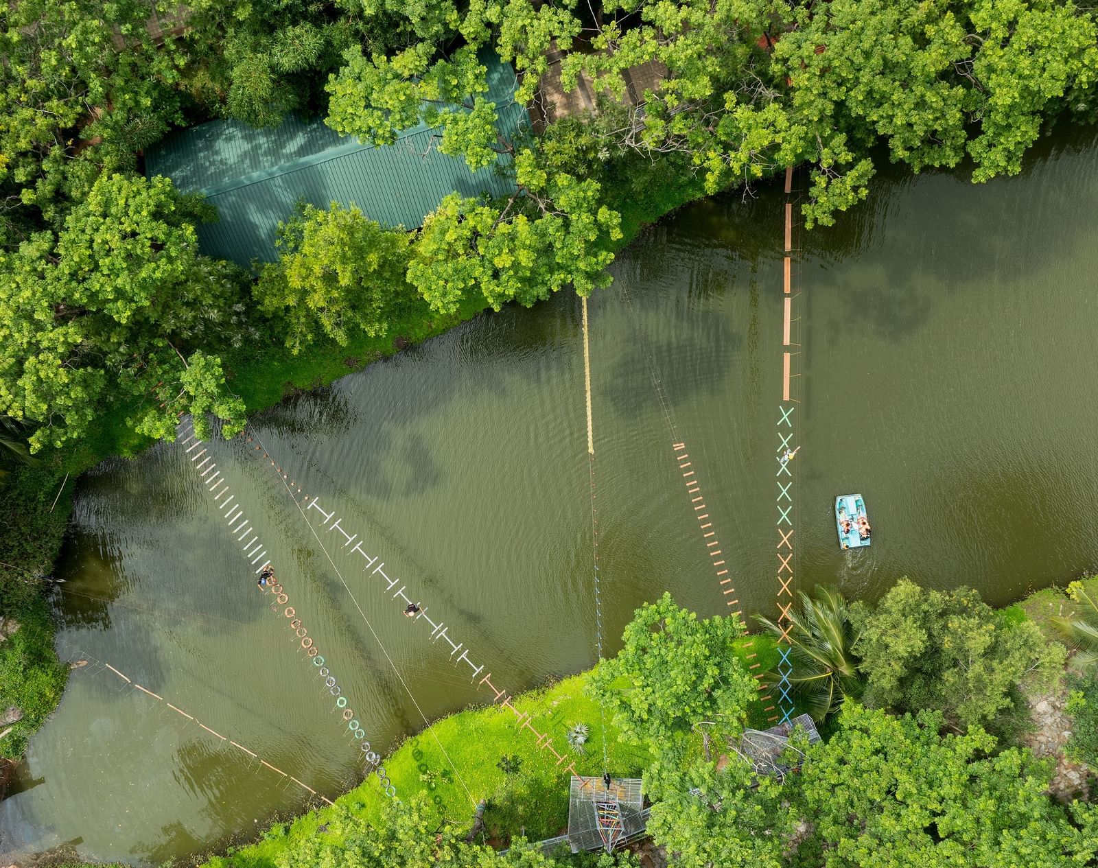 An aerial perspective captures a serene body of water, possibly a river or lake, bordered by vibrant green trees | RD's Nature Retreat, Bangalore