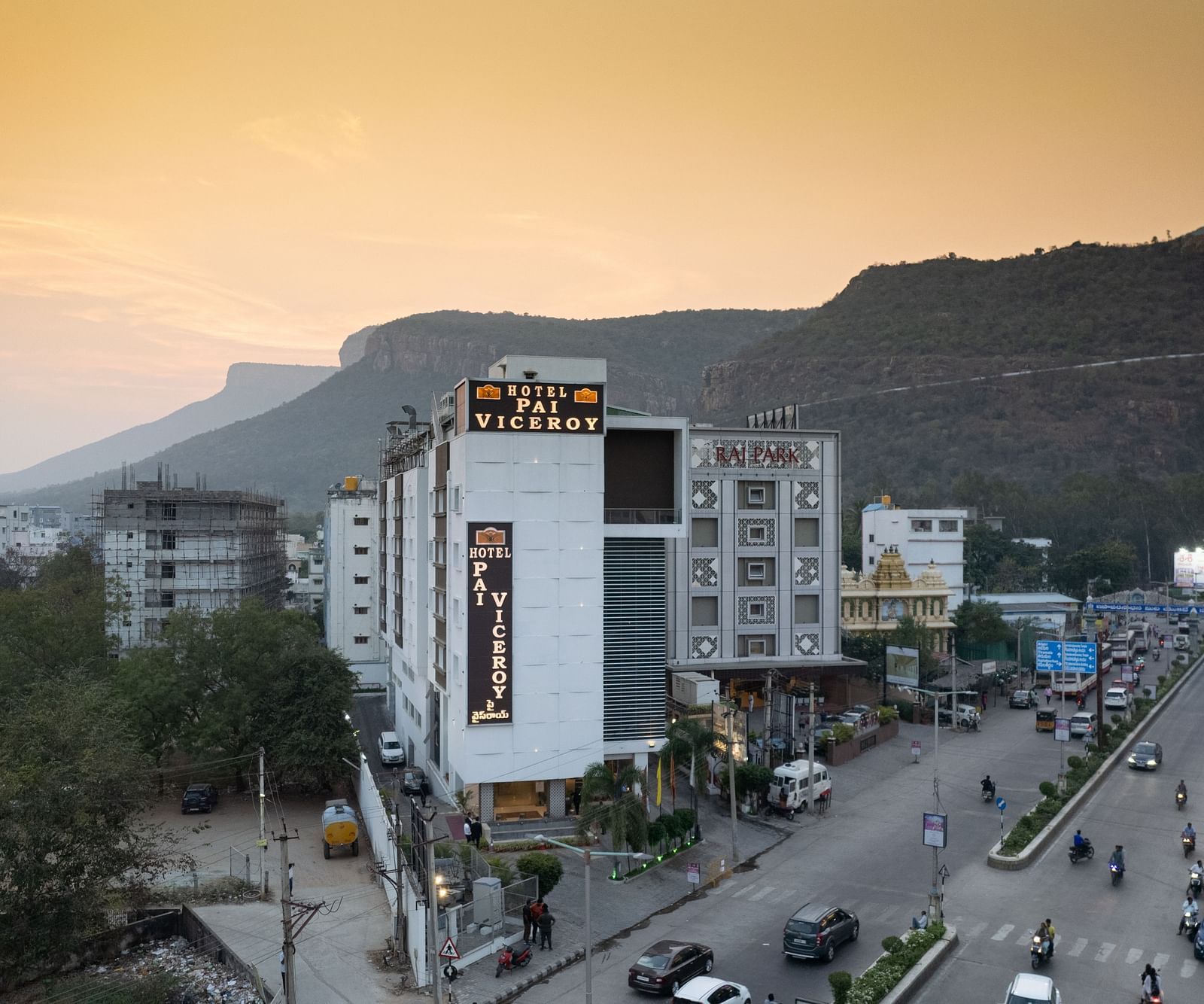 facade image of Hotel Pai Viceroy in Tirupati with the evening sky in the background