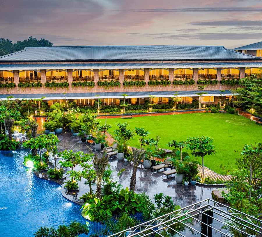 Aerial view of resort building and landscaped gardens at MAYFAIR Oasis Resort and Convention Jharsuguda