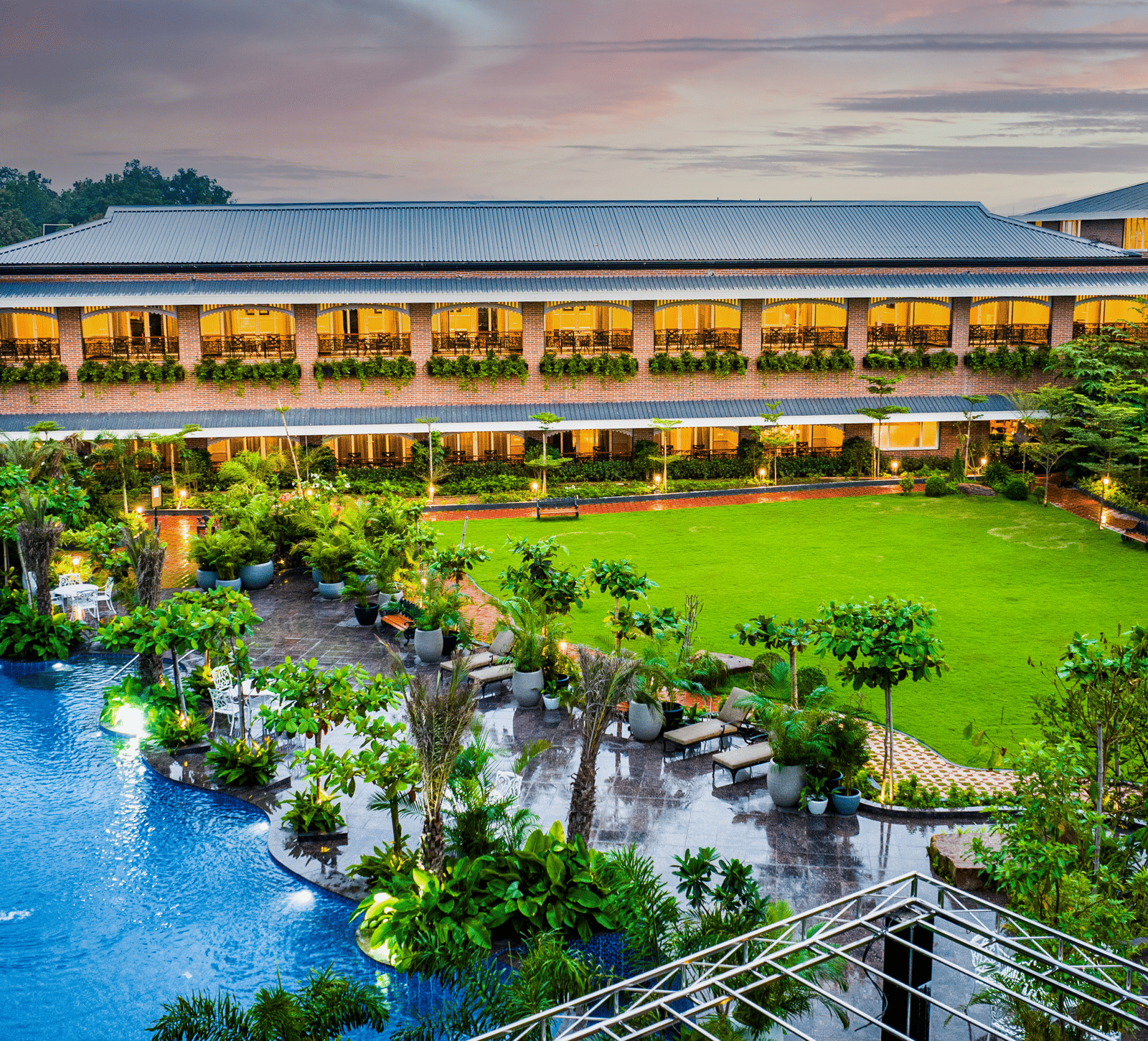 Aerial view of resort building and landscaped gardens at MAYFAIR Oasis Resort and Convention Jharsuguda