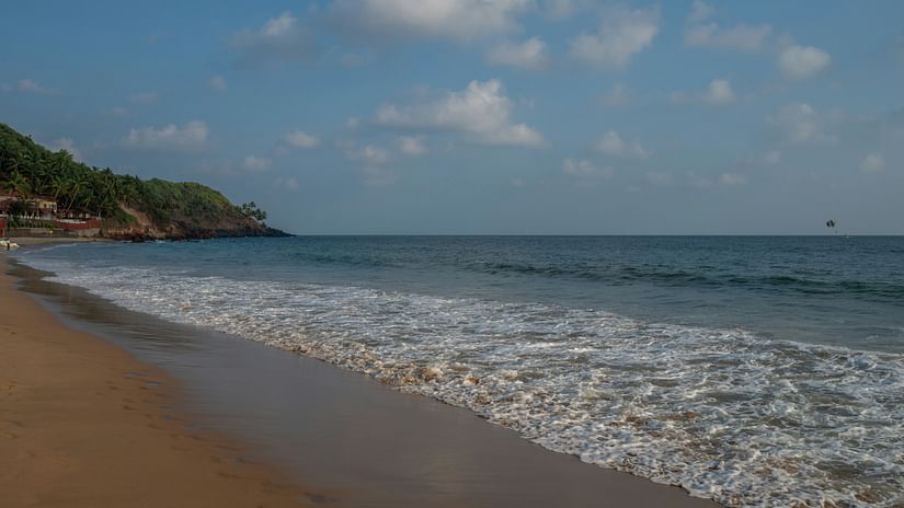 waves reaching the sands of a serene beach with a small hill filled with coconut fronds at the end of the shore