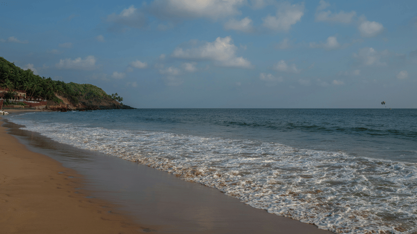 waves reaching the sands of a serene beach with a small hill filled with coconut fronds at the end of the shore