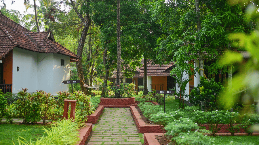 A stone-paved garden path leading through the lush tropical grounds and guest villas at Ayur On The Beach Nattika.