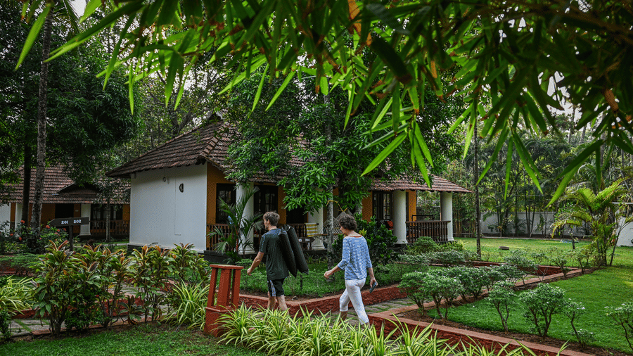 Guests walking along a stone path through the lush green grounds and past white villas at Ayur On The Beach Nattika.