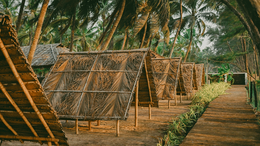 A row of traditional thatched triangular huts along a walkway at Ayur On The Beach Nattika.