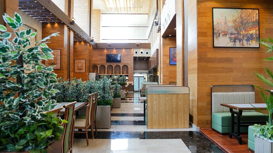 A bright and inviting dining area at The Meriton, adorned with lush green plants, comfortable booth seating in light green, and wooden wall accents.