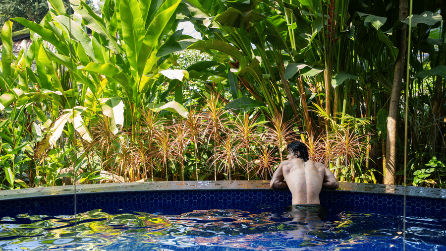 A man relaxing in an outdoor resort swimming pool surrounded by a dense backdrop of lush green tropical plants.