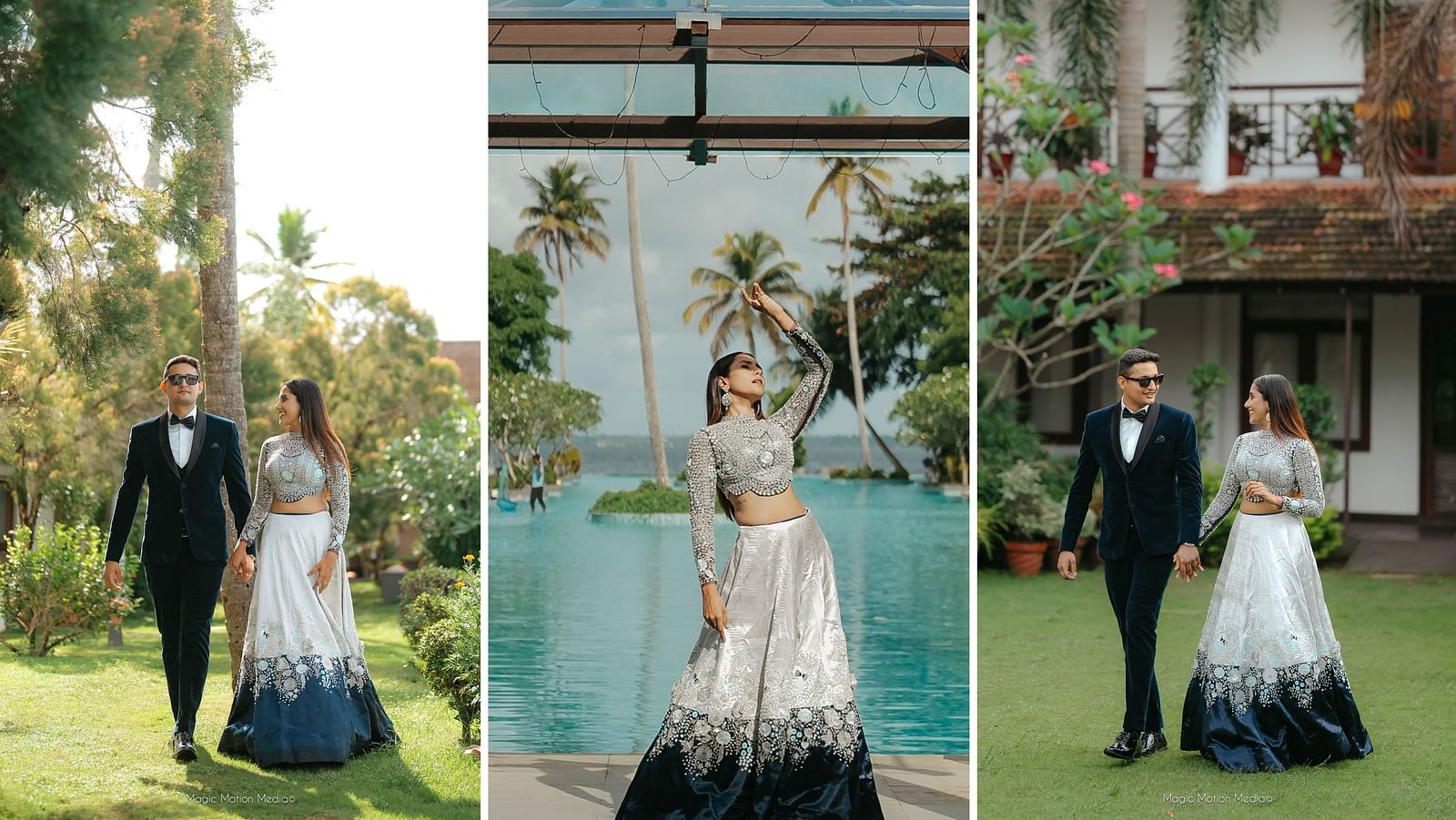 Collage of 3 images from a wedding shoot at Rhythm Kumarakom, portraying the elegant bride and the charming groom in flashy silver dress, and a dark tuxedo.